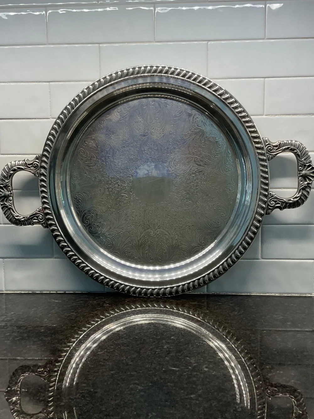 Silver On Copper Round Tray With Handles